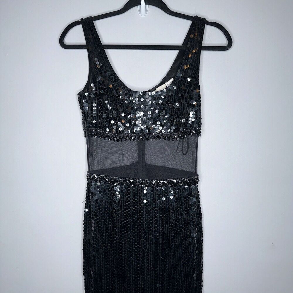 Cache Women’s Full Sequin Maxi Dress Thigh Slit Black Prom Vintage Y2K Size 2 - Picture 2 of 6